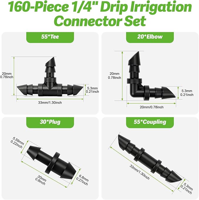 RedChili 160 Pack Drip Irrigation 1/4" Barbed Fittings Kit, Drip System Parts Double Barbed Connectors Includes Couplings Tees Elbows Plugs Fits 1/4-Inch Drip Tubing for Drip Line Connection