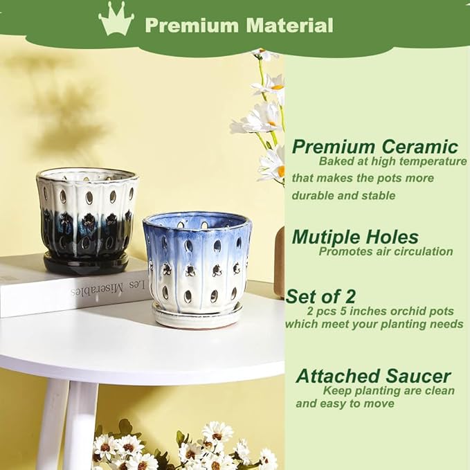 Orchid Pots with Holes Attached Saucers 5 Inches - 2 Pcs Small Ceramic Pots for Repotting, Decorative Ceramic Orchid Planter with Hole for Healthy Root Growth Mixed Color