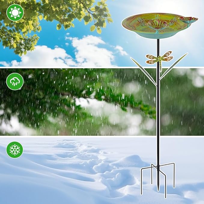 DREAMSOUL 39" Tall Teal Bird Bath Stake with Dragonfly Stake, 12" Dia Birdbath with Lotus Feeders, Metal Bird Bath for Outside for Garden Yard Patio