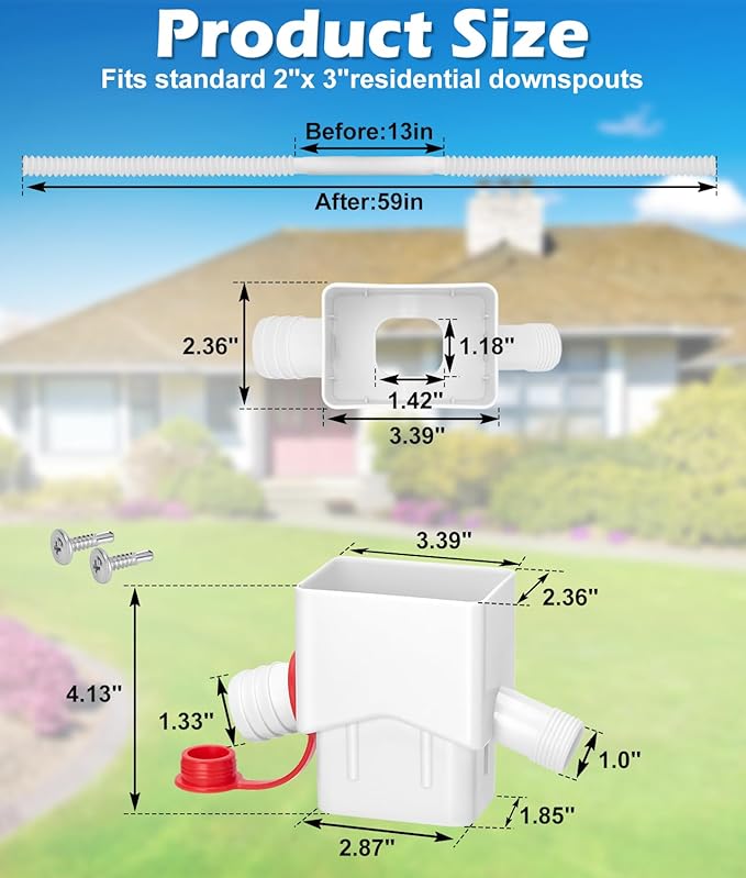Downspout Diverter, WADEO Rain Barrel Diverter Fits for 2"x 3" Standard Downspout, Rainwater Collection System with Two Water Outlets to Collect Rainwater from Gutter, with 5FT Hose