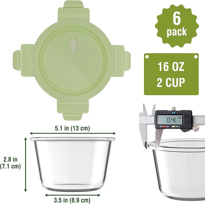 2 Cup/16oz Round Glass Meal Prep Containers with Airtight Lids, 6 Pack