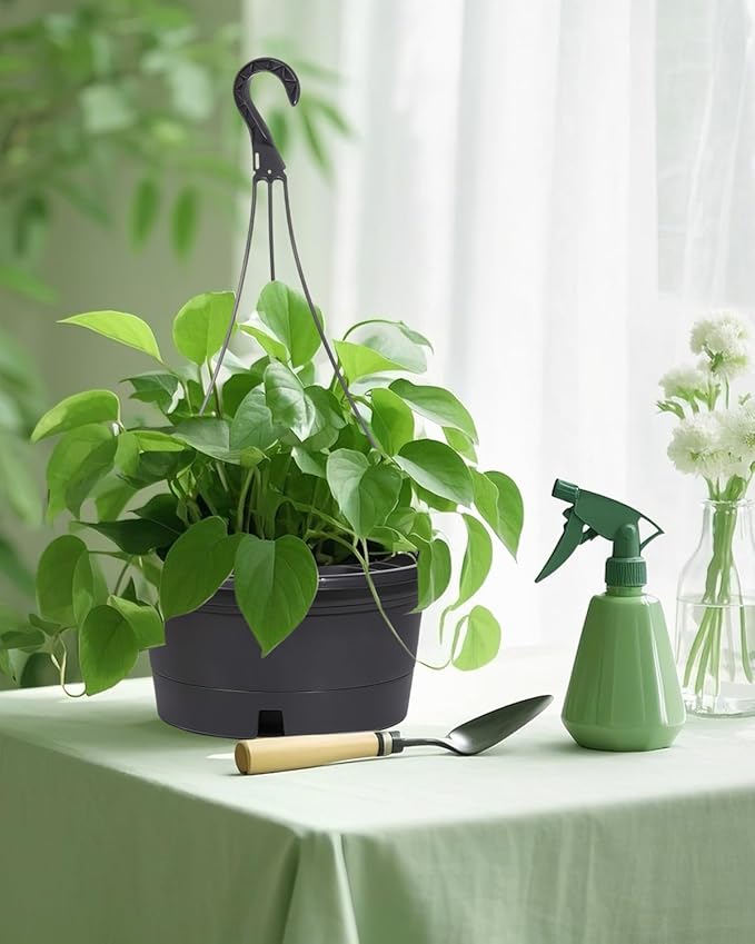 VIDELLY 12 Inch Large Hanging Planters for Indoor Plants,2 Pack Plastic Hanging Basket Pots with Drainage Trays & Chain Holders for Outdoor Indoor Plants Garden Balcony Decoration (Dark Gray)