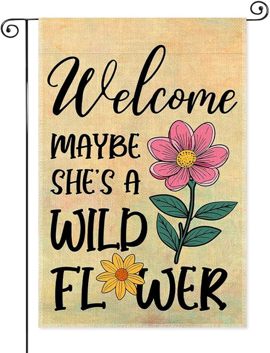 Welcome Maybe She's A Wild Flower Garden Flags for Outside, Boho Floral Welcome Garden Flag for Botanical Lover, Wildflower Yard Flag for Nature Lover, Inspirational Quote Lawn Porch Décor