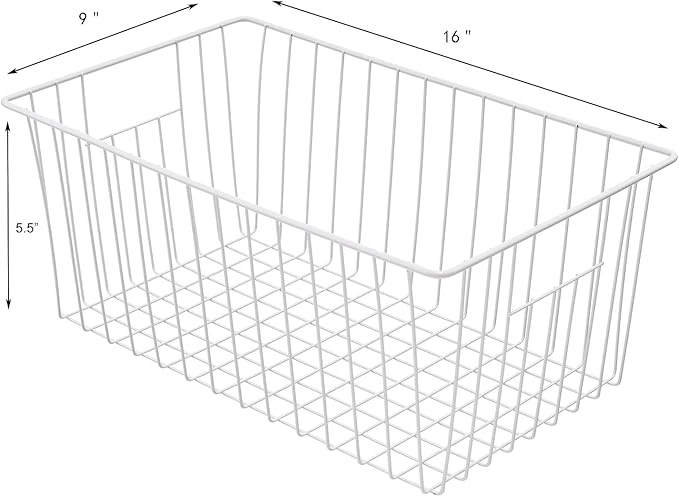 16inch Farmhouse Freezer Wire Baskets Organizer Storage Bins Large Organizer Baskets with Handles for Storage, Office, Kitchen, Pantry, Cabinet, Closets - Set of 6 (White 6)