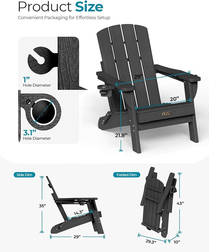 Folding Adirondack Chair 4 Pack, HDPE All-Weather Fire Pit Chairs, Plastic Adirondack Chairs with 2 Cup Holder, Outdoor Lawn Chair for Patio Garden (Black)