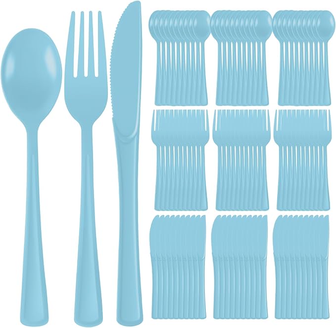 Plastic Silverware 150 PCS Disposable Silverware Heavy Duty Utensil Sets 50 Of Each Forks Knives & Spoons Disposable Cutlery Set For Easter,Birthday,Baby Shower,Garden Party,Wedding(150,Light Blue)