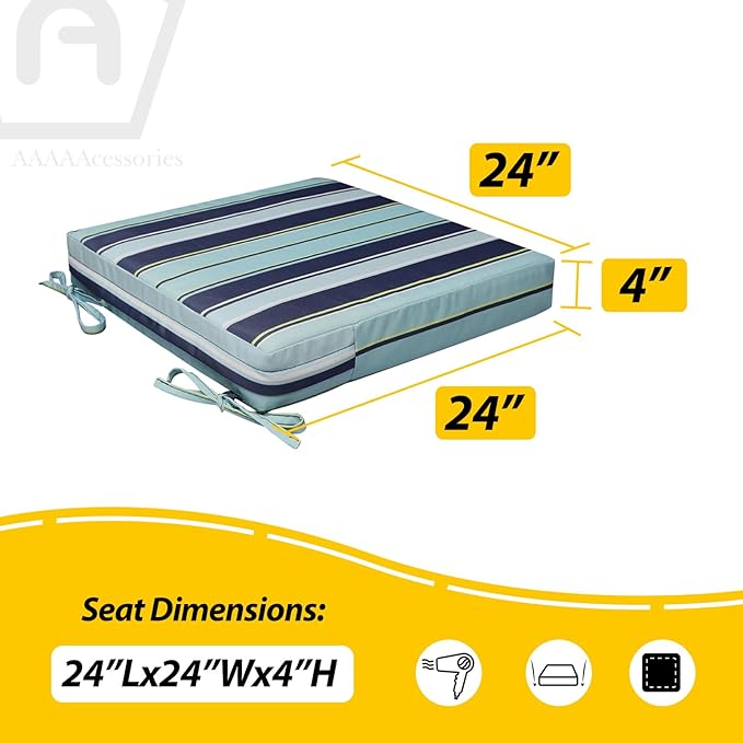 AAAAAcessories Outdoor Seat Cushions for Chairs, Waterproof, Fade-Resistant, 24" x 24" x 4", Patio Furniture Replacement Cushions, Set of 2, Ash Teal Seaside Stripe