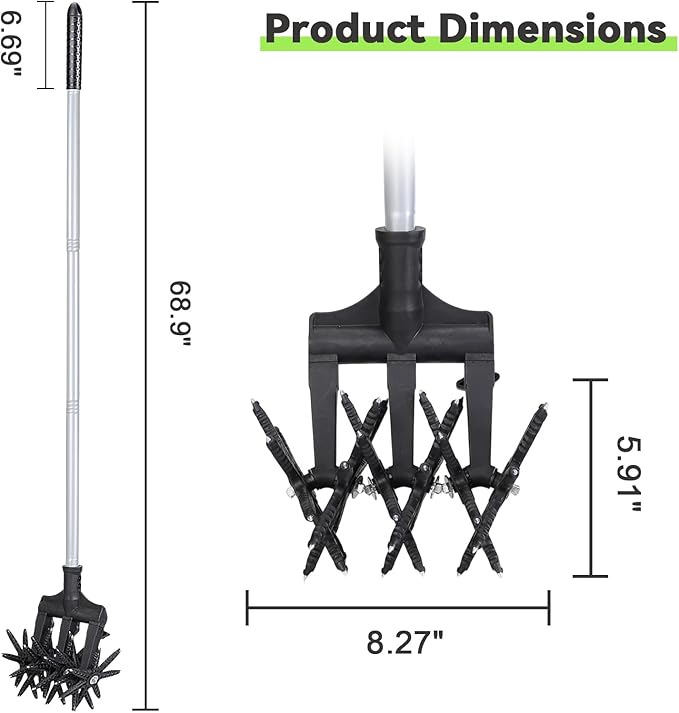 Lightweight Rotary Cultivator Garden Rotary Tiller with Stainless Steel Poles, Anti-Slip Grip, Hand Tiller for Soil Mixing or Reseeding Grass Lawn Tiller Total Length 69 Inch