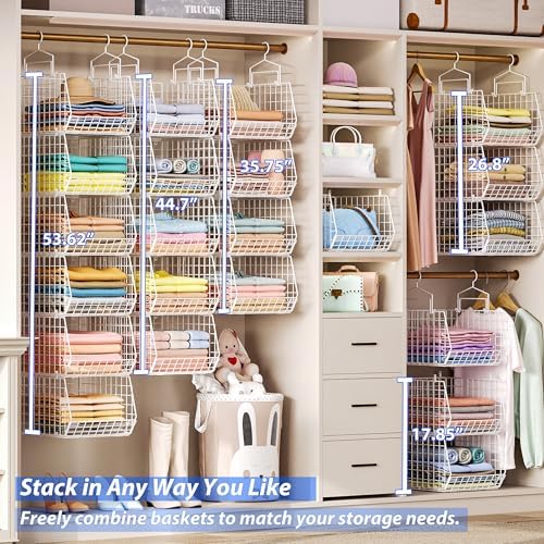 6 Tier Extended Depth Hanging Closet Organizer, Closet Storage Hanging Shelves with Hanging Hooks for Clothes Sweaters Towels Handbags, Stackable Metal Mesh Bins For Closet, Laundry, Bathroom, Dorm