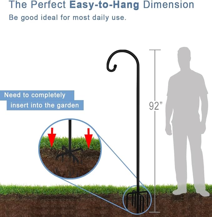 Artigarden 92 inch Outdoor Shepherd Hook with Upgraded 7 Prong Base (1 Pack), Adjustable Heavy Duty Garden Hanging Stake for Bird Feeder Solar Light Plant Hanger Wedding Decor, Matte Black