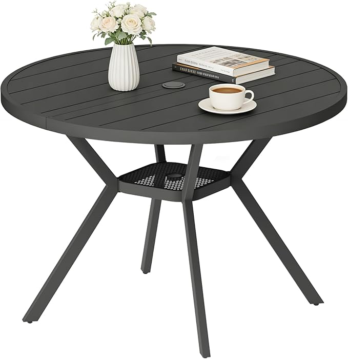 42" Outdoor Patio Table Dining Table, All Weather Metal Round Patio Table with Adjustable Umbrella Hole, Patio Furniture for Lawn Garden Backyard, Black