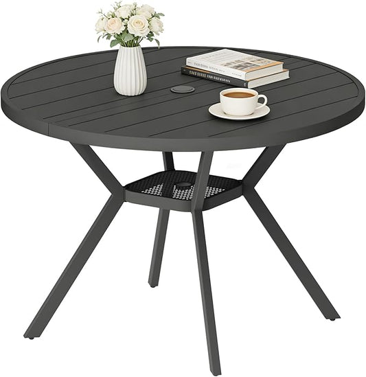 42" Outdoor Patio Table Dining Table, All Weather Metal Round Patio Table with Adjustable Umbrella Hole, Patio Furniture for Lawn Garden Backyard, Black