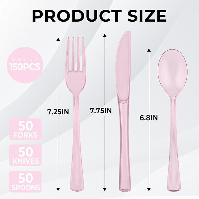 150 PCS Plastic Silverware Disposable Silverware Heavy Duty Utensil Sets 50 Of Each Forks Knives & Spoons Disposable Cutlery Set For Easter,Birthday,Baby Shower,Garden Party,Wedding(150,Pink)