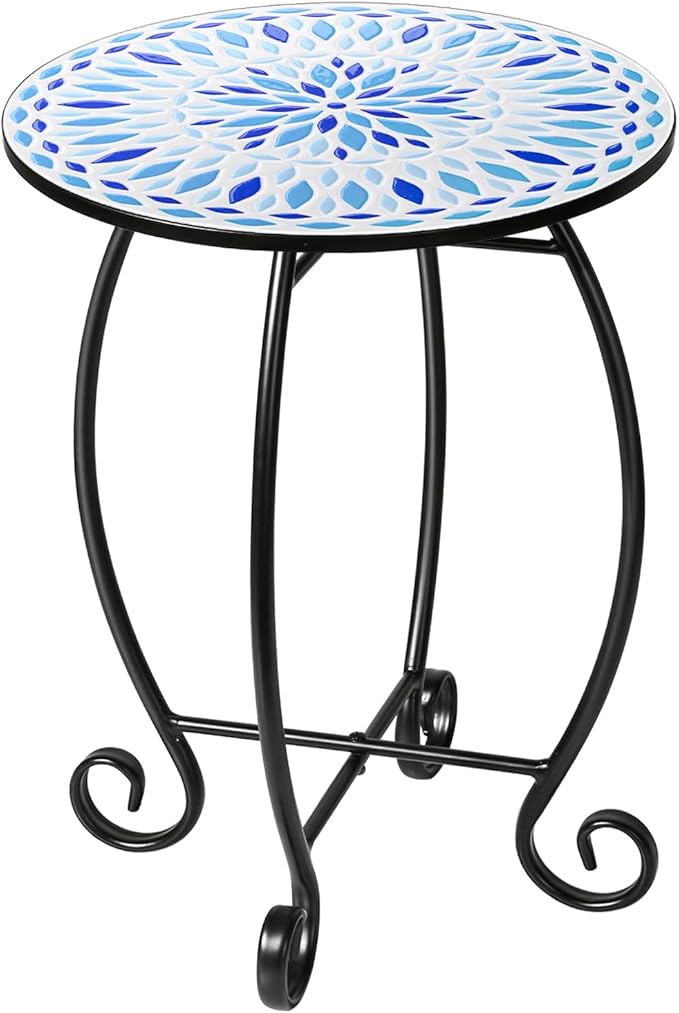 14" Outdoor Side Table, Scrollwork Accent Round End Table, Unique Relief Ceramic Tile Tabletop with Metal Frame, Coffee Tea Table Nightstand for Living Room, Bedroom