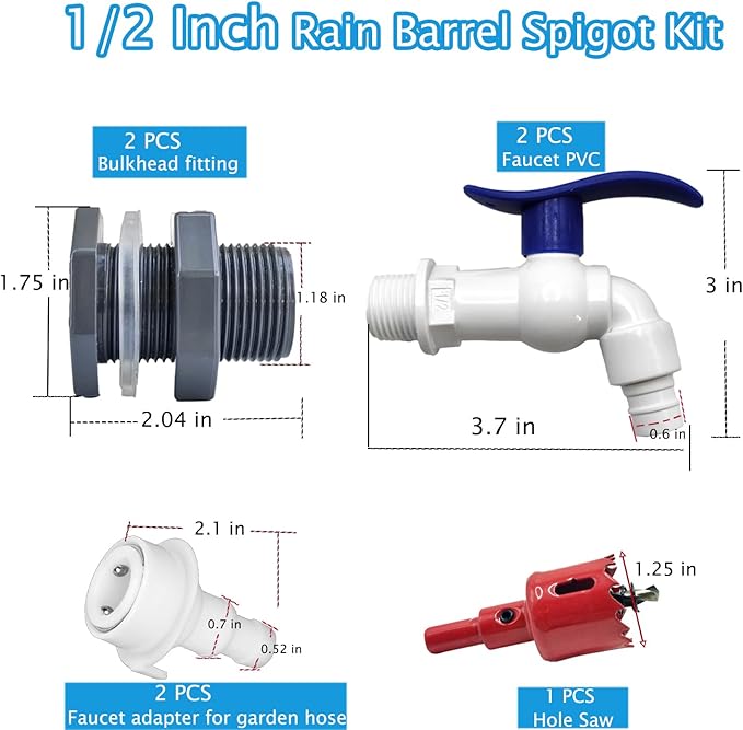 2 Pack 1/2" Rain Barrel Spigot Kit with PVC Bulkhead Fitting Hole Saw and Thread Seal Tape, Rain Barrel Faucet Kit for Water Tanks, Tubs, Garden Barrels