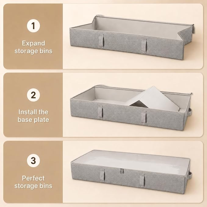 Side-Supported Under Bed Storage Containers, 6 Inch 60L Clothes Storage Bin | Underbed Storage Bin with Sturdy Handles and Sidewalls, Closet Organizer for Clothes, Blankets, Seasonal Items, Gray, 2 Pack