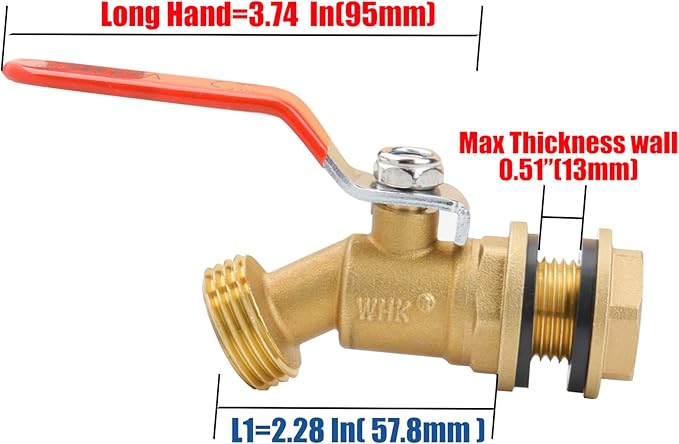 WHK Rain Barrel Spigot Kit-Water Bucket Spigot Faucets-Water Spicket Water Spout Spigot for 5/50/55 Gallon Bucket for Rain Barrel Water Container WaterTank,1/4 Turn with Long Handle(Brass)