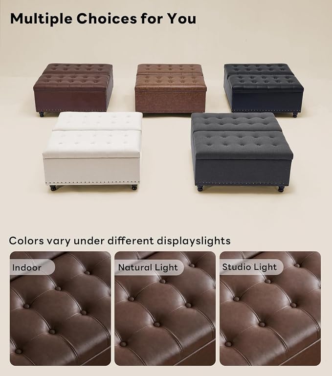 Tbfit 35.5" Large Square Storage Ottoman Bench, Tufted Upholstered Coffee Table Ottoman with Lift Top & Wooden Legs, Oversized Storage Ottomans Toy Box for Living Room (Dark Brown)