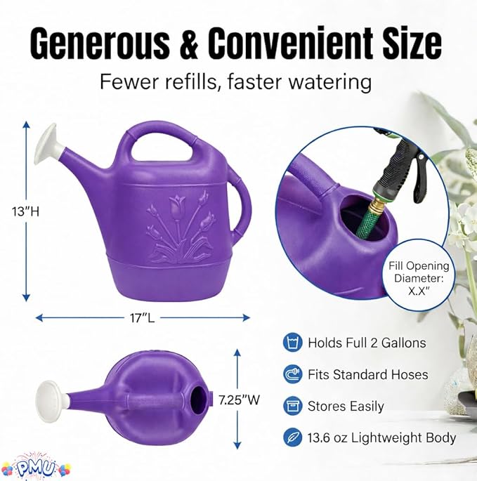 PMU 2 Gallon Watering Can - Garden Watering Can for Indoor & Outdoor Plants - Plastic Water Can with Detachable Sprinkler Head - Large Water Pot, Made in USA - Purple Pkg/12