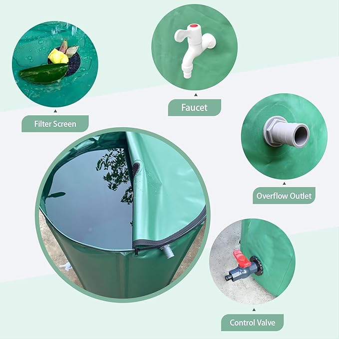 53 Gallon Rain Water Barrel, Portable Rainwater Collect System Water Storage Tank Collapsible Rain Barrel with Filter, Spigot & Overflow Kit (Reinforced Liner+Thickened Legs) - Green