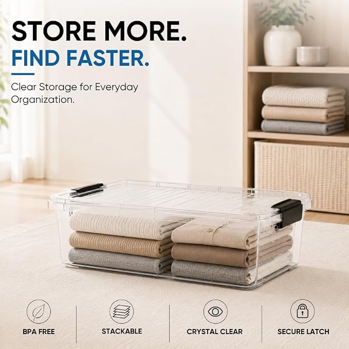 Superio 13.7 Quart Clear Plastic Storage Bin with Lid, Stackable Organizer Box, BPA-Free Storage Container for Home, Garage, School & Office, 2 Pack