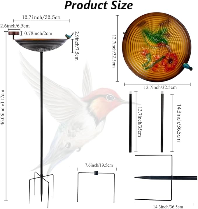 Metal Bird Baths for Outdoors, 39" H Birdbath with 13 Inch Bowl, Hummingbird Bird Bath & Bird Feeder with Stake for Outside Garden Patio Yard Lawn Decor，Yellow