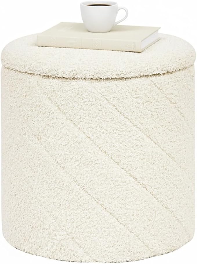 B FSOBEIIALEO Ottoman with Stroage, 13" Round Boucle Ottomans, Cream White | Small Ottoman with Removable Tray Lid, Foot Rest Stool, Twisted Design Coffee Table for Dorm Room, Living Room