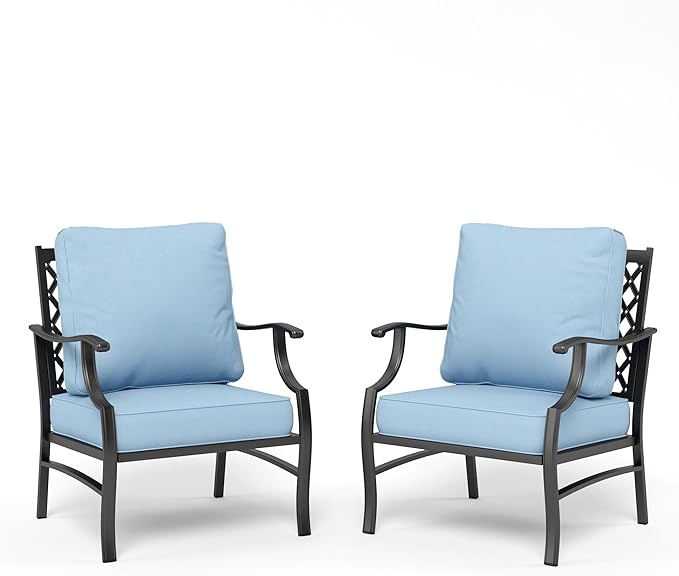 SUNSHINE VALLEY Metal Patio Chairs Set of 2 with 5.75" Extra Thick Cushion, 2 Pieces High Back Outdoor Patio Chairs All Weather Outdoor Furniture Seating for Deck Backyard Balcony Front Porch, Blue