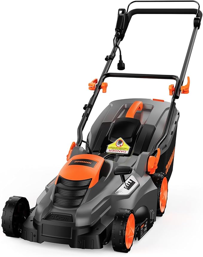 DOVAMAN 13Amp LA16M Lawn Mower, 16" Blade, 5-Position Height Adjustment, 3-Step Quick Vertical Fold Storage, 2-in-1 Mulching & Bagging, 98% Collection, Corded Lawn Mower for Your Garden