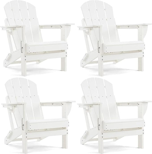 Folding Adirondack Chair, HDPE Outdoor Texture Lawn Chair with Reclining Back, Cup and Phone Holder - Comfortable Firepit Chair Weather Resistant for Patio or Backyard (White, Set of 4)