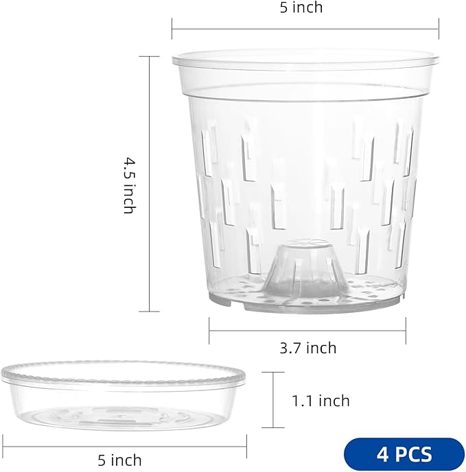 TRUEDAYS Orchid Pot with Saucers – 4 Pack 5 Inch Clear Orchid Pots with Drainage Holes for Repotting – Ideal for Healthy Root Growth – Sturdy Plastic Plant Pot for Indoor & Outdoor Plants