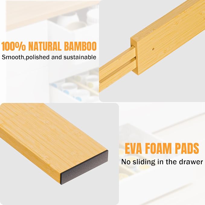 Bamboo Drawer Dividers Organizers, 2.56" High, 17"-21.8" Adjustable, 4 Pack