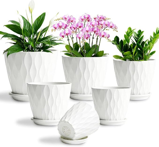 Plant Pots, Self Watering Planters with Drainage Holes and Trays, Flower Pots for Indoor Outdoor - 6 Pack(4/5/6/6.5/7/8 Inch) (White)