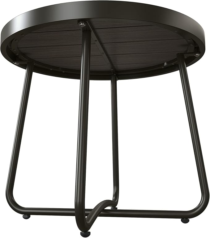 Grand patio Outdoor Side Table, Round End Table with Imitation Wood Tabletop, Dark Grey