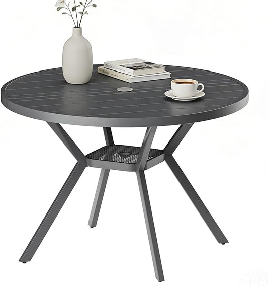 42" Outdoor Patio Table Dining Table, All Weather Metal Round Patio Table with Adjustable Umbrella Hole, Patio Furniture for Lawn Garden Backyard, Grey
