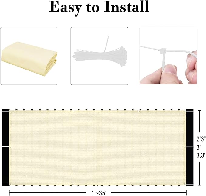 SUNLAX 3'x8' Butter Cream Balcony Privacy Screen Fence Windscreen Cover Fabric Shade Netting Mesh Cloth with Grommets UV Protection for Patio, Backyard, Porch, Railing Shield 90%
