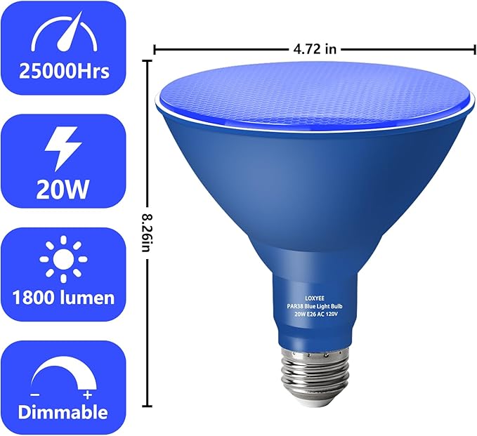 PAR38 Flood Blue Light Bulbs,4 Pack Dimmable,E26 Base Blue Flood Light Outoor(20W Replace to 200W),Halloween Light Bulb for Outside,Christmas,Holiday Lighting