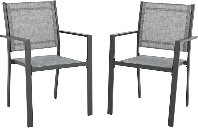 Patio Dining Chairs, All-Weather High-Resilience Textilene Outdoor Dining Chair Set of 2, Heavy-Duty Stackable Minimalist Outdoor Chairs with Armrest, Patio Chairs for Lawn Deck Pool, Grey