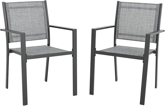 Patio Dining Chairs, All-Weather High-Resilience Textilene Outdoor Dining Chair Set of 2, Heavy-Duty Stackable Minimalist Outdoor Chairs with Armrest, Patio Chairs for Lawn Deck Pool, Grey