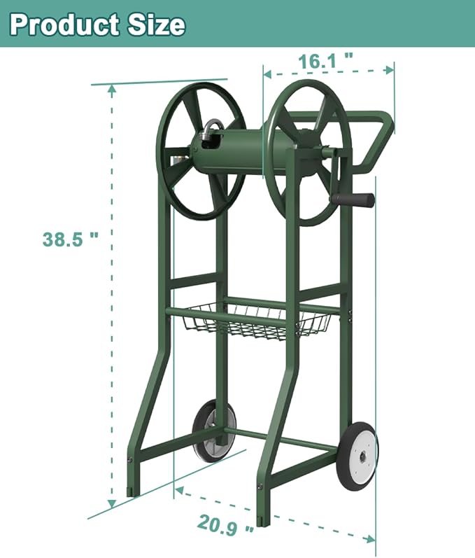 Artigarden Garden Hose Reel Cart with Wheels, Outdoor Heavy Duty Powder Coated Steel Water Winder Storage Holds 125 ft 5/8" Hose with 3.9ft Leader Hose and Basket for Backyard, Yard, Lawn, Green