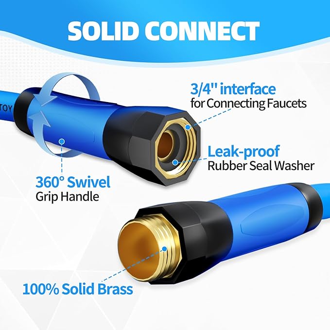 YOTOO Heavy Duty Hybrid Garden Water Hose 5/8-Inch by 100-Feet 150 PSI Kink Resistant, Flexible with Swivel Grip Handle and 3/4" GHT Solid Brass Fittings, Blue