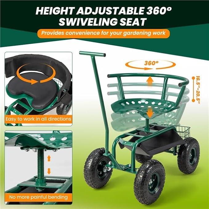 ERGOMASTER Garden Cart Rolling Workseat with Wheels,2 Steering Handles,360 Degree Swivel Seat & Tool Storage, Use for Patio, Yard, and Outdoors Workseat, Green