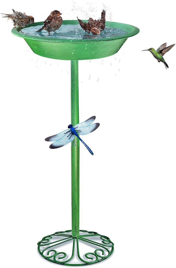 WANGIRO Stand Bird Baths for Outdoors 12 Inch Outdoor Garden Bird Feeder Metal Birdbath with Magnetic Dragonfly for Backyard Birding Freestanding for Garden Yard and Lawn Decoration-Green
