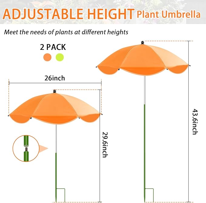 MJZ 2 Pack Large Plant Umbrellas for Outdoor Plants, 26" Garden Umbrella for Plants with Adjustable Angle, Plant Umbrella Provide Shade for Outdoor Plants Flower Pot Planting Beds (Green, Orange)