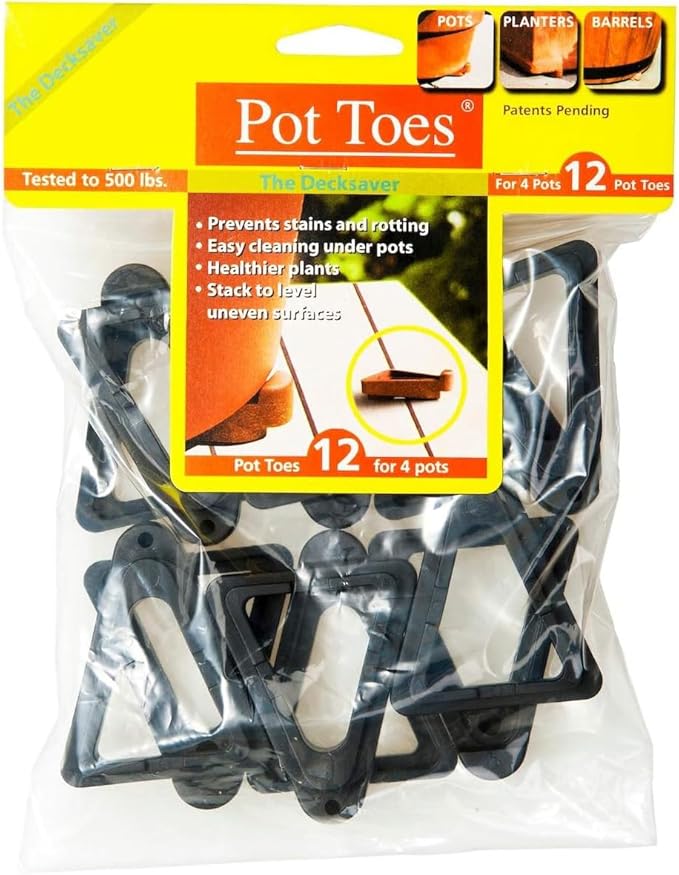 Bosmere Pot Toes, Plant Pot Risers for Indoor and Outdoor, Prevent Stains and Rotting on Wood, Cement, and Tile - Black (Pack of 12)