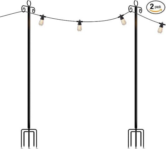 Brightech 2-Pack 10FT String Light Poles for Outdoor Use, Heavy Duty Metal Poles with Fork Base for Hanging Patio Lights, Adjustable for Garden, Backyard, Porch, or Fence Lighting Decor