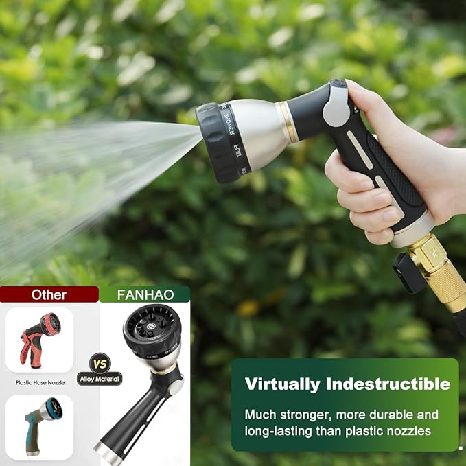 FANHAO Garden Hose Nozzle 100% Heavy Duty Metal, Water Hose Sprayer High Pressure with 8 Spray Patterns, Thumb Control, On Off Valve for Garden Watering, Car and Pet Washing