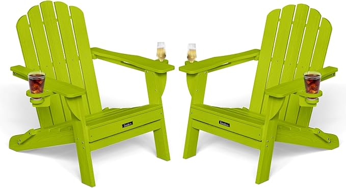 AEesdom Adirondack Chairs Set of 2, HDPE Material Fire Pit Chairs, Plastic Adirondack Chairs with 2 Cup Holder, Outdoor Lawn Chair for Patio Garden, LemonGreen