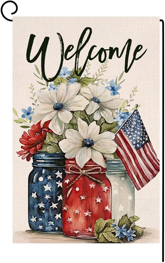 4th of July Floral Garden Flag 12x18 Vertical Double Sided Patriotic Mason Jar Flowers Red Blue Memorial Day Independence Day Holiday Outside Decorations Burlap Yard Flag BW321