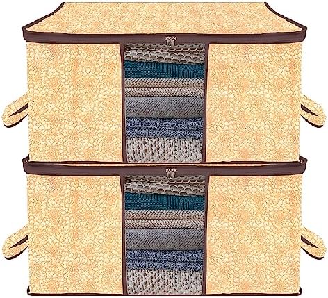 Kuber Industries Underbed Storage Bag | Clothes Storage Organizer | Blanket Cover with Clear Window | Zipper Closure & Handle Cloth Organizer | Flower-Design | Large | Pack of 2 | Brown